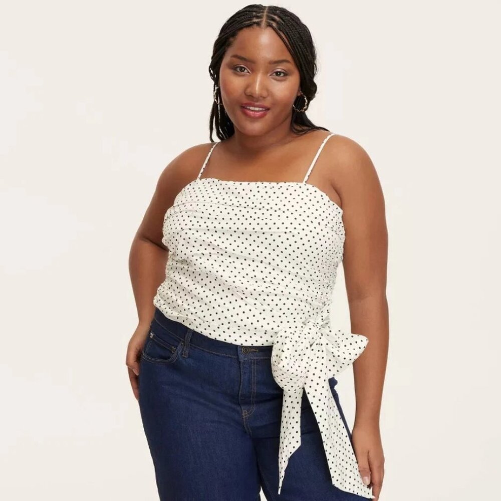 New Kate Spade Mini Polka Dot Ruched Linen Tank Top Shirt White Black Rose